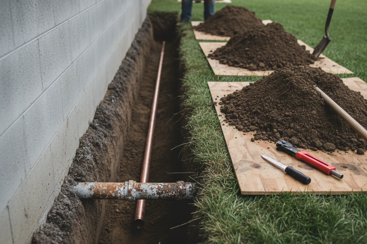 Excavated water line trench during Sewer Line Repair in New Lebanon